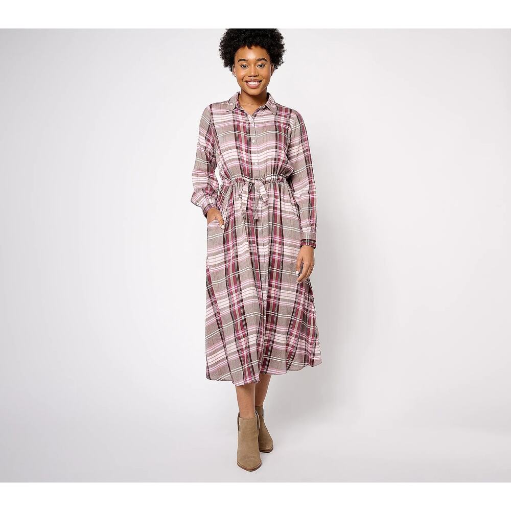 Encore by Idina Menzel Regular Button Front Shirt Dress Wine Pink Multi Sz XS
